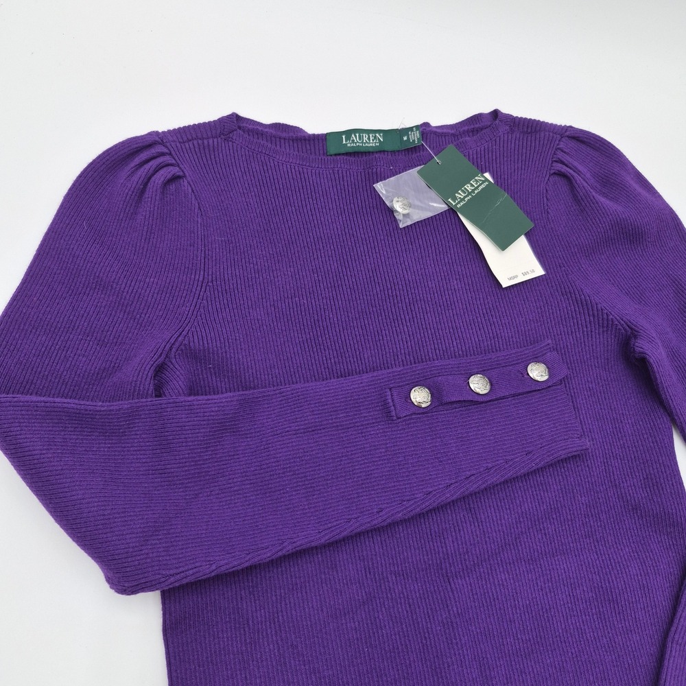 Lauren Ralph Lauren Purple Ribbed Knit Puffed Sleeve Button Cuff Sweater M NWT